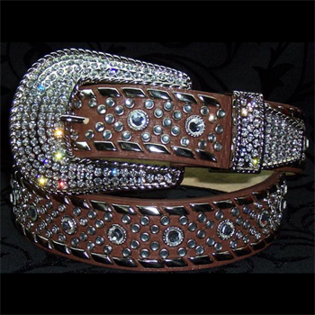 Brown leather belt with crystals and railroad